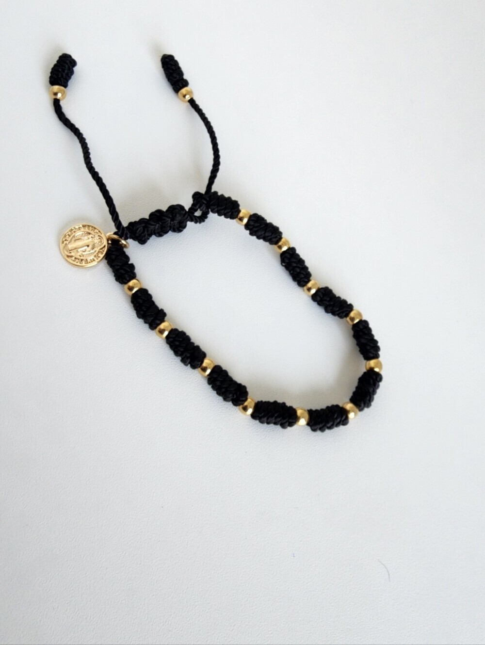 St Benedict Adjustable Bracelet Black Cord Gold Tone Protection Charm